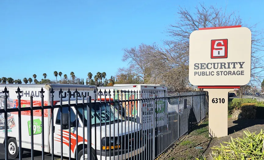 Moving trucks parked outside and available for customers at the Security Public Storage location on Stockton Blvd in Sacramento CA