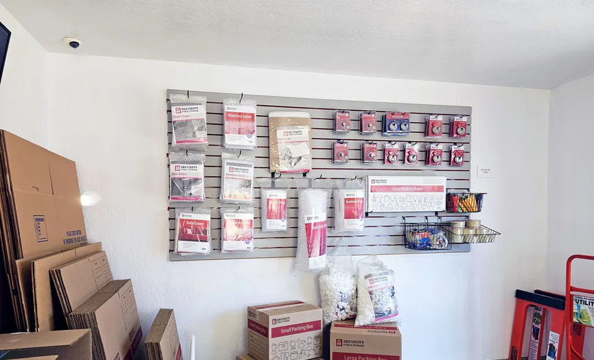 Boxes, locks, and moving supplies for sale at Security Public Storage on Stockton Blvd in Sacramento serving Oak Park residents
