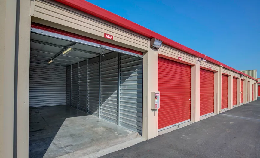 Inside view of an outdoor ground floor storage unit at a secure storage facility in City of Industry