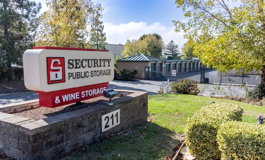 Monument sign for Security Public Storage and wine storage located in South Napa near Highway 29