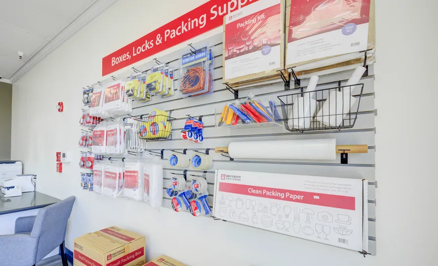 Boxes, locks, and moving supplies available at Security Public Storage on Marks Avenue in Fresno