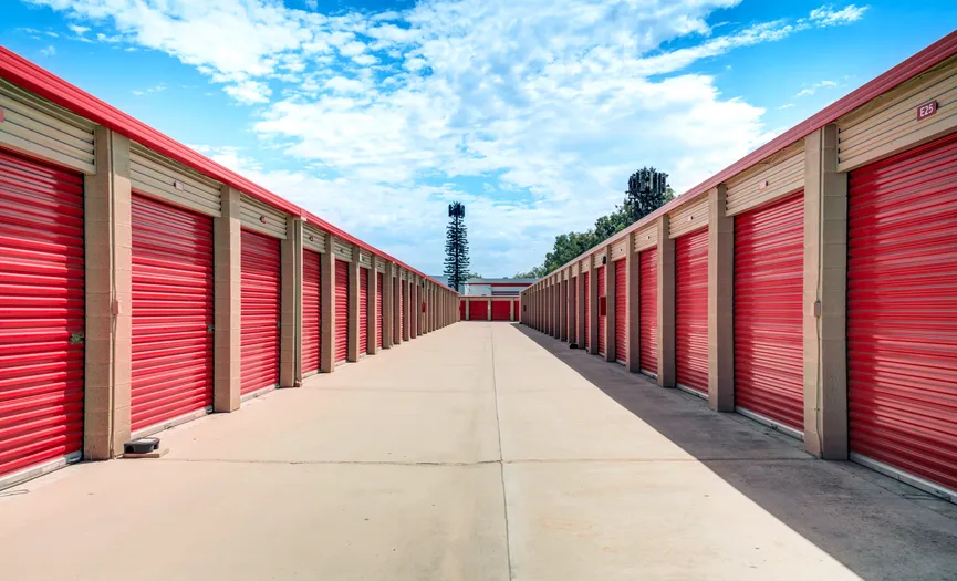Outdoor drive-up storage units at a secure self storage facility in Moreno Valley near Highway 60