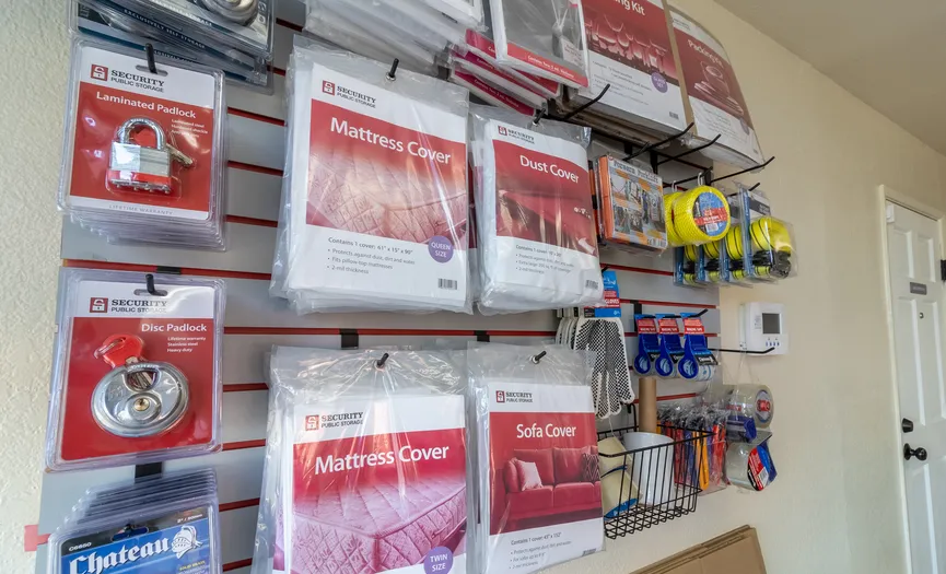 Boxes, locks, and moving supplies available for self storage customers at Security Public Storage in Manteca