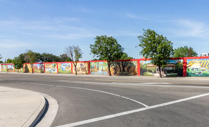Street view of a self storage facility in Manteca featuring a local community mural near Lathrop Road