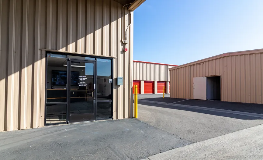 Front of the main office at Security Public Storage near ground floor drive-up units in the McLane area of Fresno