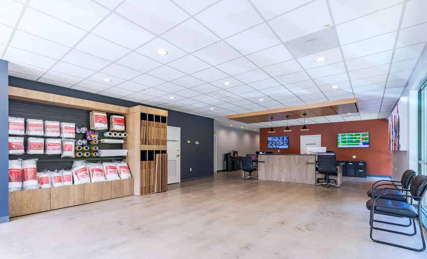 Office interior with boxes, locks, and moving supplies at Security Public Storage in Ashburn VA