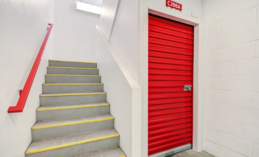 Stair access leading to indoor storage units at Security Public Storage on S Coast Hwy in Oceanside