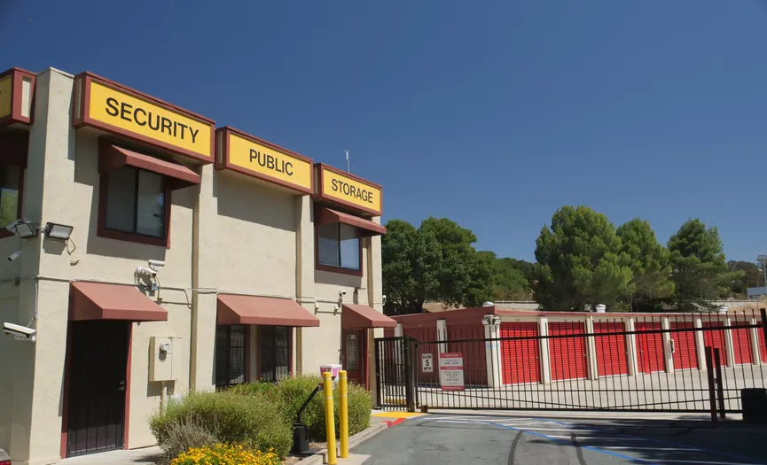 Exterior view of the Security Public Storage main office next to the electronic gate in Martinez near Muir Station