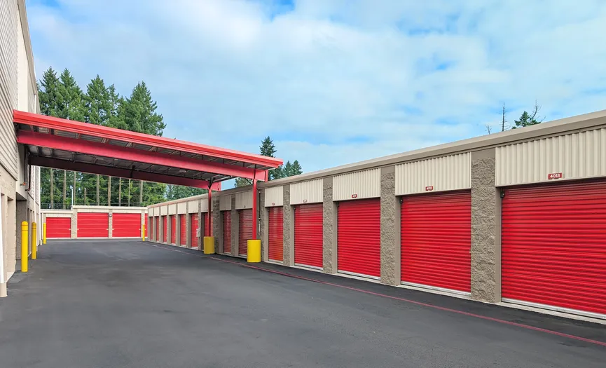 Covered drive-up storage units at Security Public Storage in Aloha, Oregon designed for easy loading in rainy weather