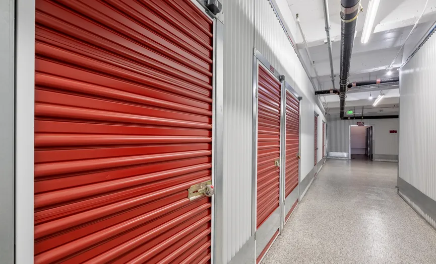 Hallway of individually alarmed storage units at Security Public Storage in the Hayes Valley area of San Francisco