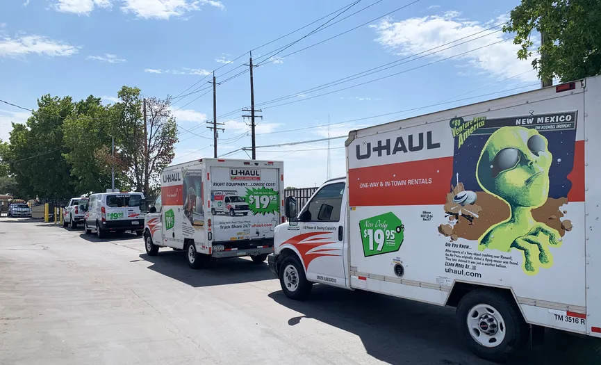 Moving trucks parked outside and available for customer use at our South Modesto facility