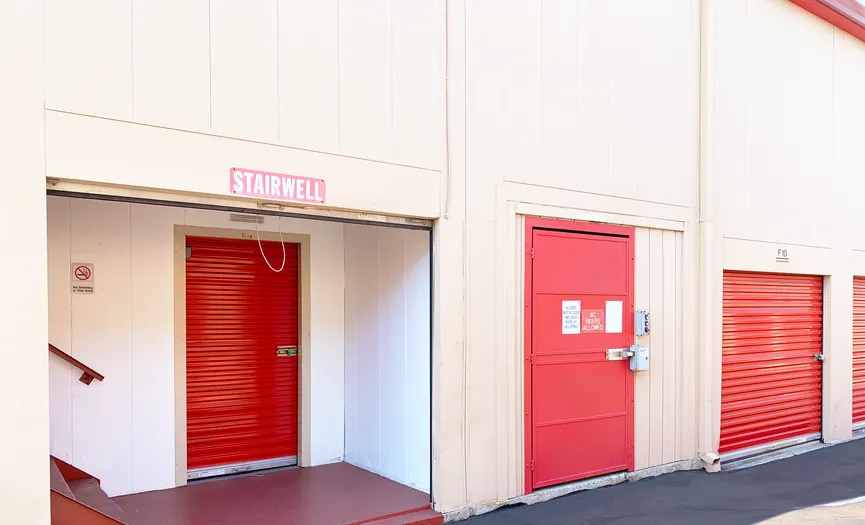 Outdoor storage units with stairs leading to indoor units at Security Public Storage in San Pablo near Appian Way