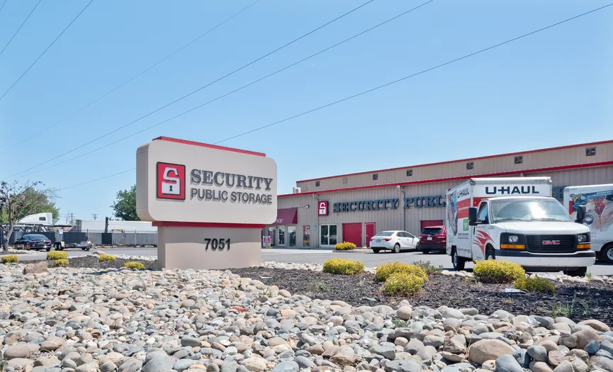 Exterior view of the Security Public Storage main office and monument sign on Power Inn Rd in Sacramento CA serving the Florin Perkins area