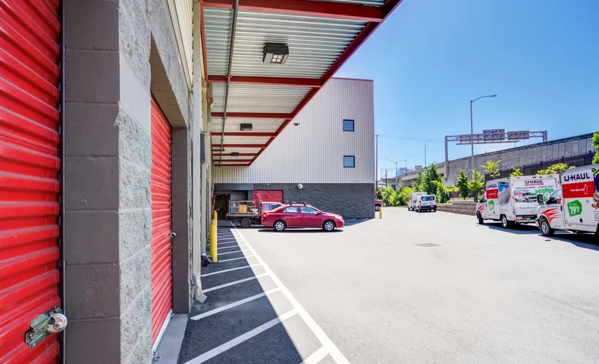 Ground-level drive-up storage units at a self storage facility near the Pearl District in Portland, OR