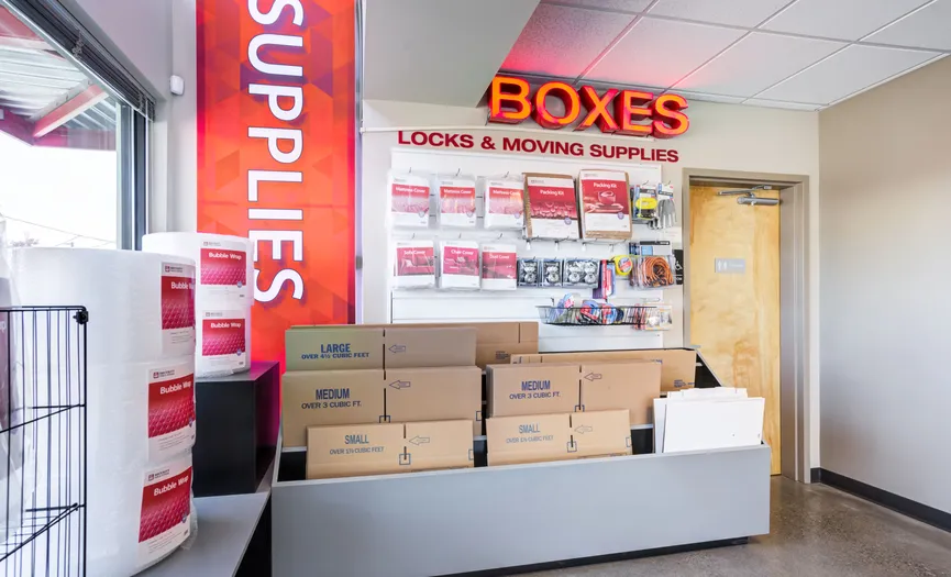 Boxes, locks, and moving supplies for sale at a self storage facility in NW Portland across from the post office