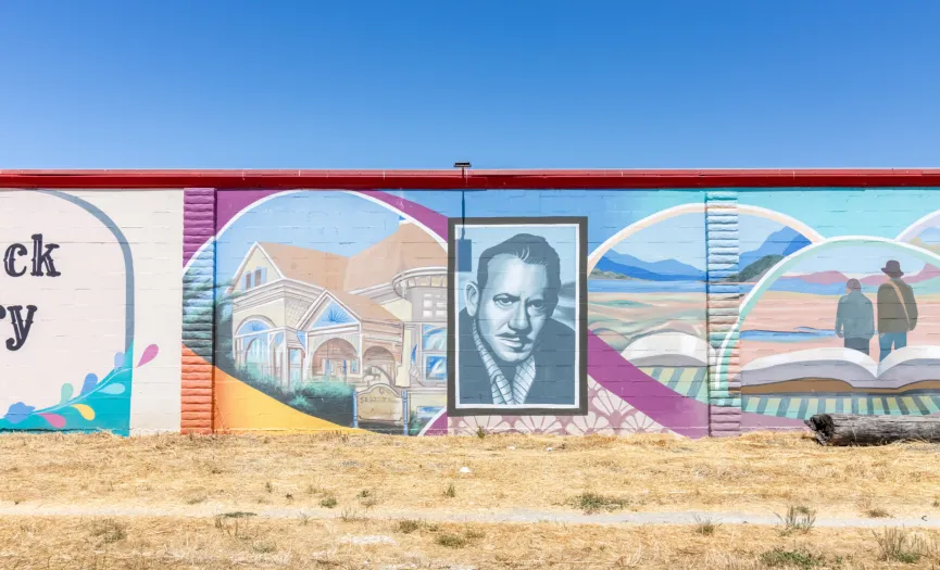 Mural honoring John Steinbeck and Salinas literary history near Security Public Storage on Sun Way, CA