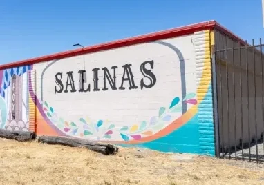 Salinas city name mural on the south wall of Security Public Storage at 271 Sun Way, Salinas, CA