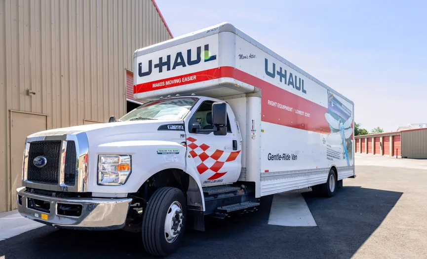 Moving truck parked outside Security Public Storage in Sparks available to rent for customers