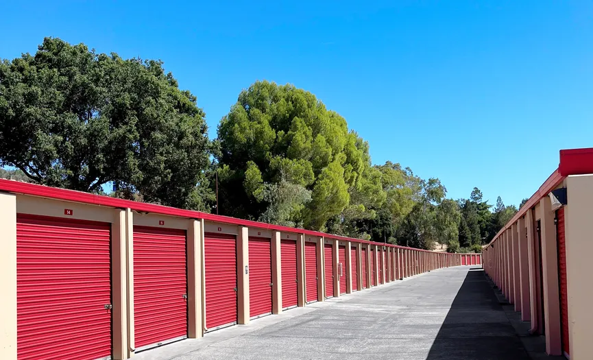 Ground floor drive-up storage units at a secure storage facility in Martinez near Highway 4